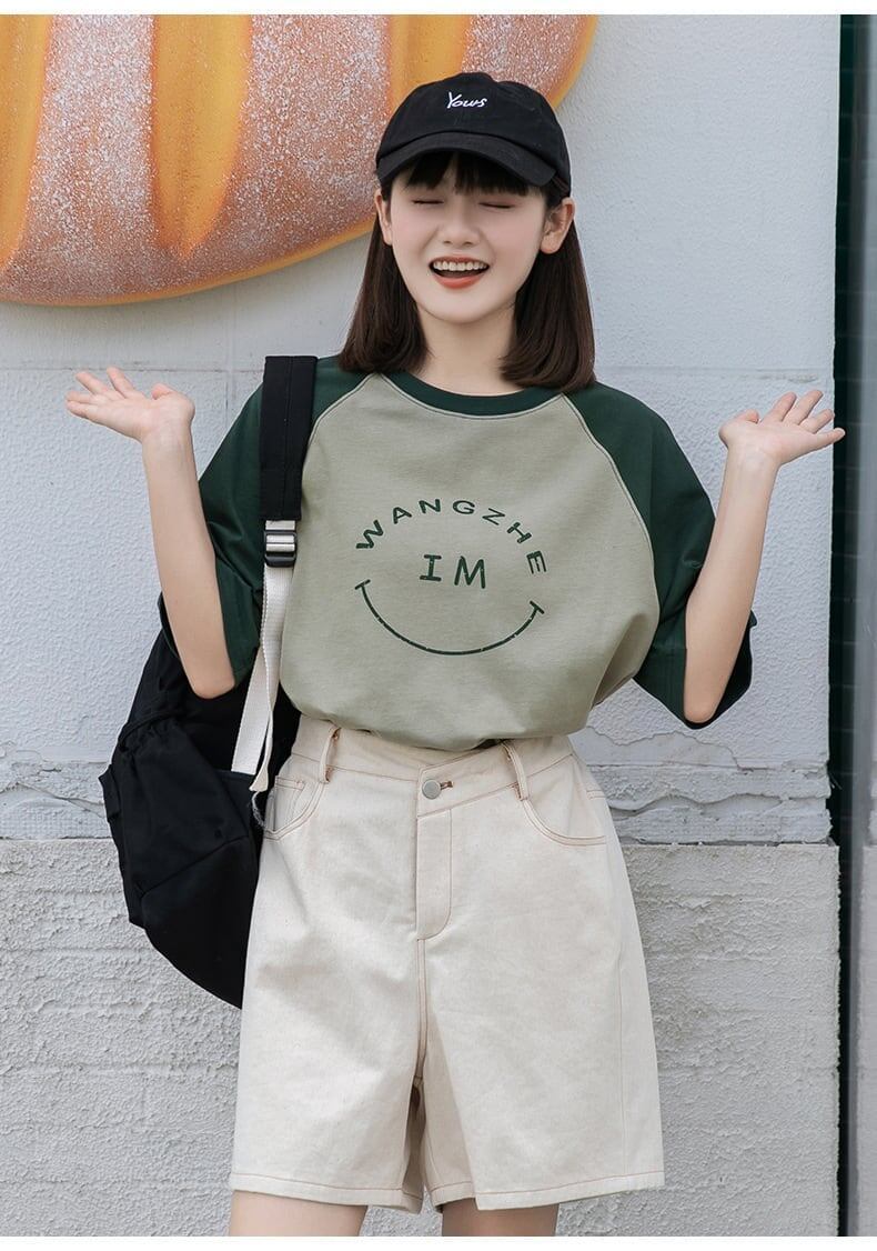 カラーマッチング スマイル ラグランTシャツ アルファベットプリント半袖 ＜S-2972＞