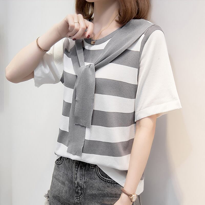 絶対欲しい レイヤード風 エレガント ストライプ柄 全3色半袖 Tシャツ＜S-8799＞