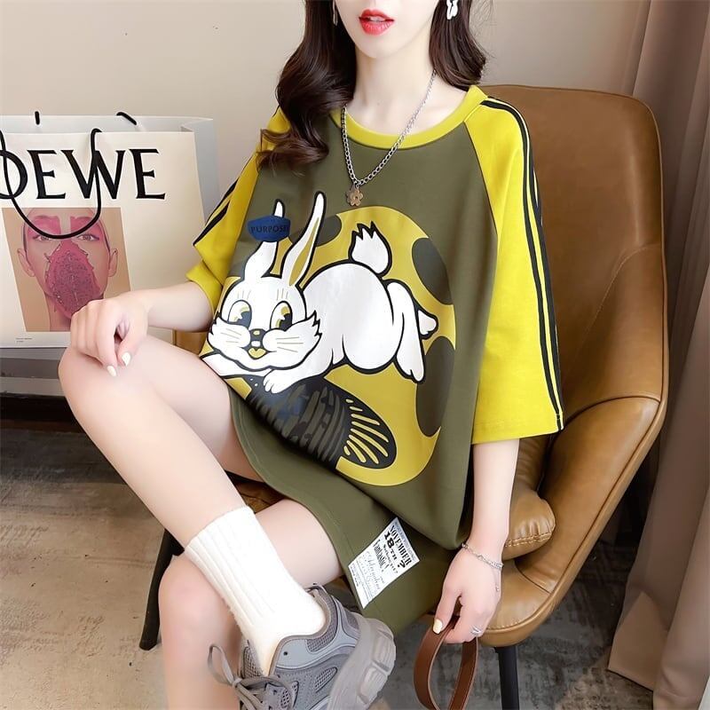 好感度UP グラフィック ストライプ柄 ラグランTシャツ ゆったり ワンピース＜S-3994＞