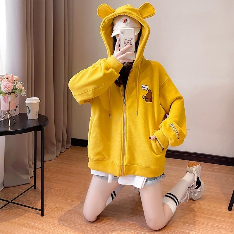 【裏起毛】可愛いクマちゃん厚手フルジップパーカー二色あり<S-4677>