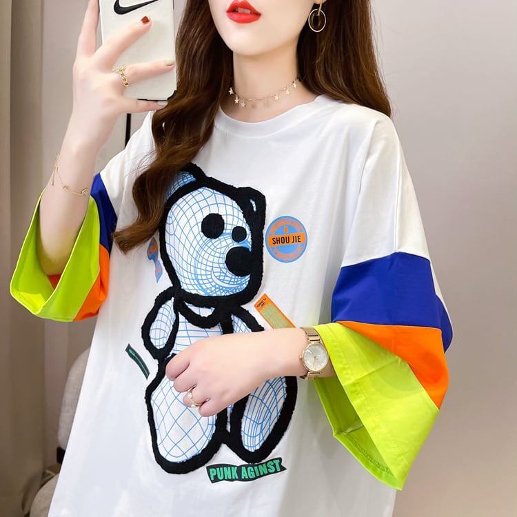 超人気商品 カラーマッチング ベアー柄 切り替え プリント ロング Tシャツ ゆったりワンピース ＜S-4024＞