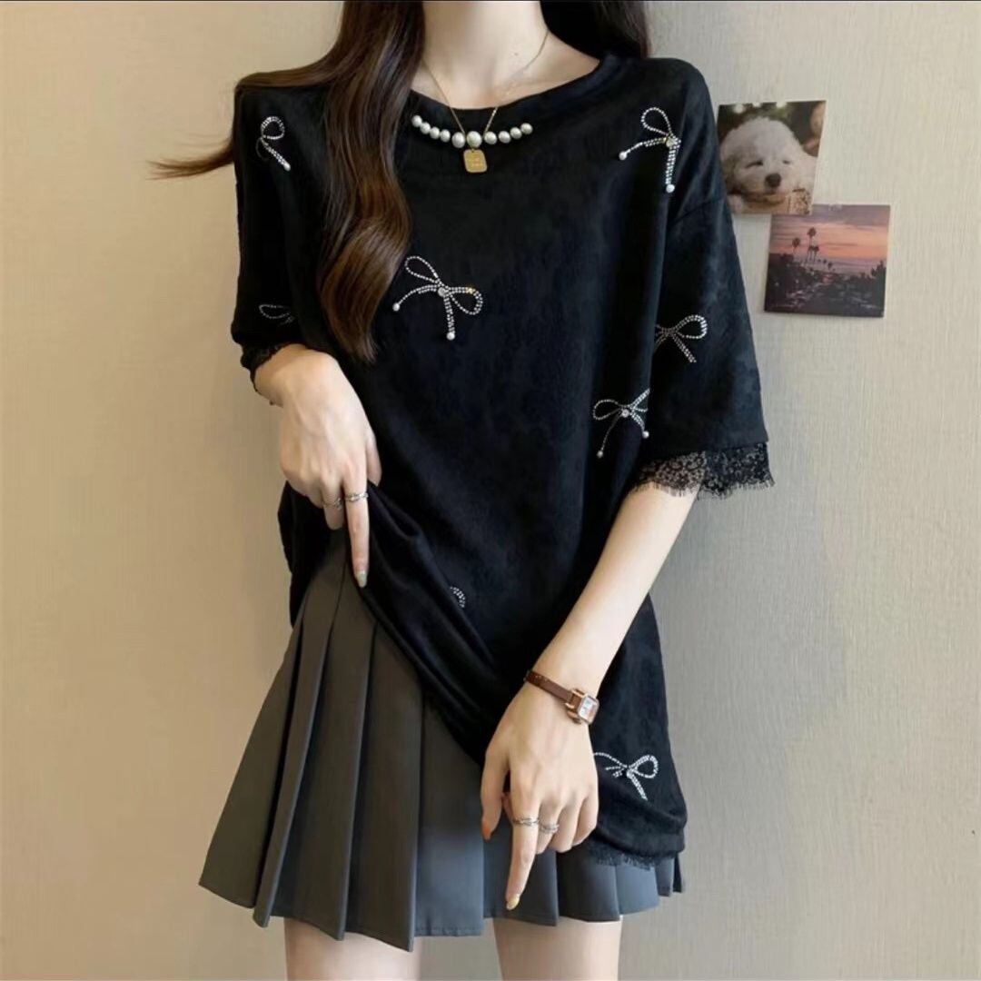 大活躍 リボン カジュアル ルーズ 全2色 半袖Tシャツ<S-8811>