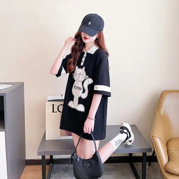 韓国系 猫柄 POLOネック ロング プリントTシャツ ゆったり半袖 ＜S-2894＞