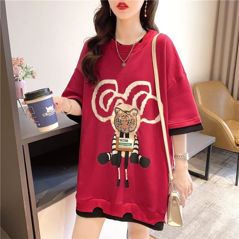 気質ルーズ漫画プリントミッドレングス半袖Tシャツ<S-3026>