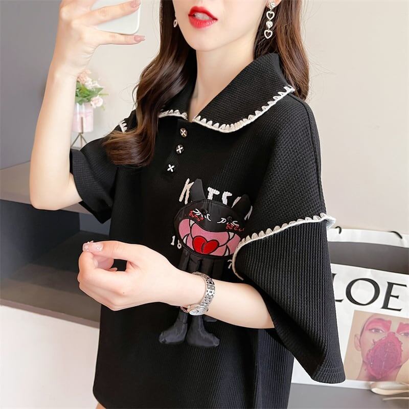 美人度アップ 折り襟 ワッフル ぬいぐるみ付き ロング Tシャツ ゆったり半袖 ＜S-2930＞