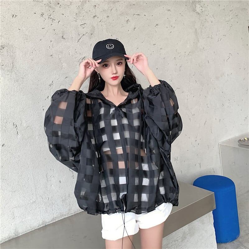 大人気 チェック柄 ゆったり 日焼け対策 UVカット 冷房対策 着?せ 長袖 フード付き シャツ ＜S-1910＞