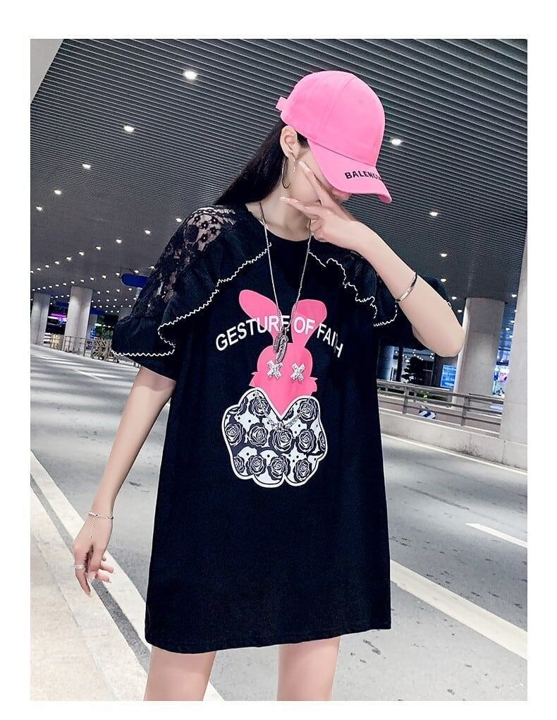 レースステッチアイスシルクニットルーズラビットプリント半袖Tシャツ<S-5038>