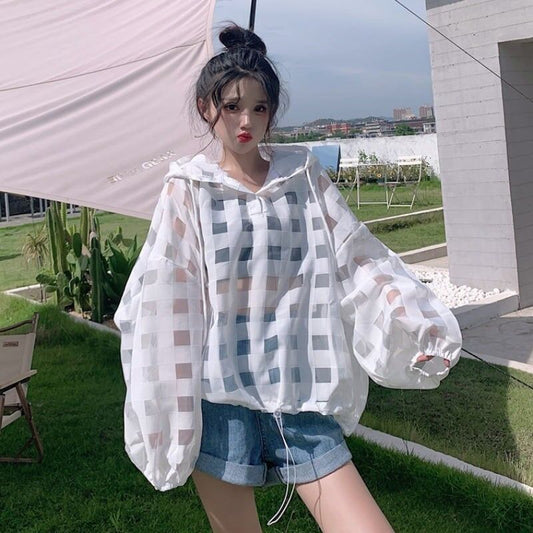 大人気 チェック柄 ゆったり 日焼け対策 UVカット 冷房対策 着?せ 長袖 フード付き シャツ ＜S-1910＞