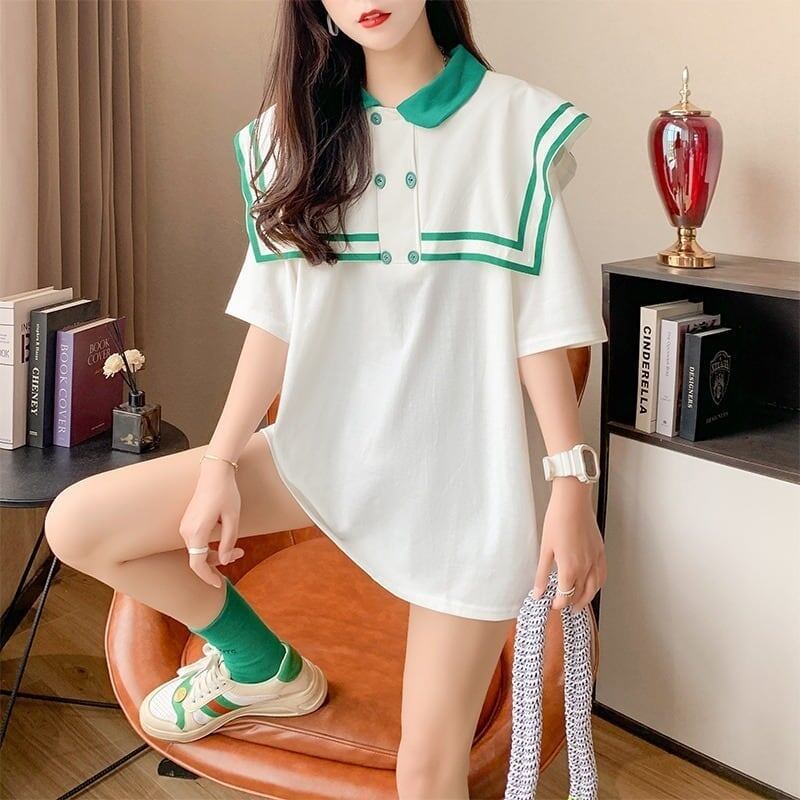 絶対欲しい ロング セーラーカラー Tシャツ 三色 ゆったりワンピース＜S-4028＞