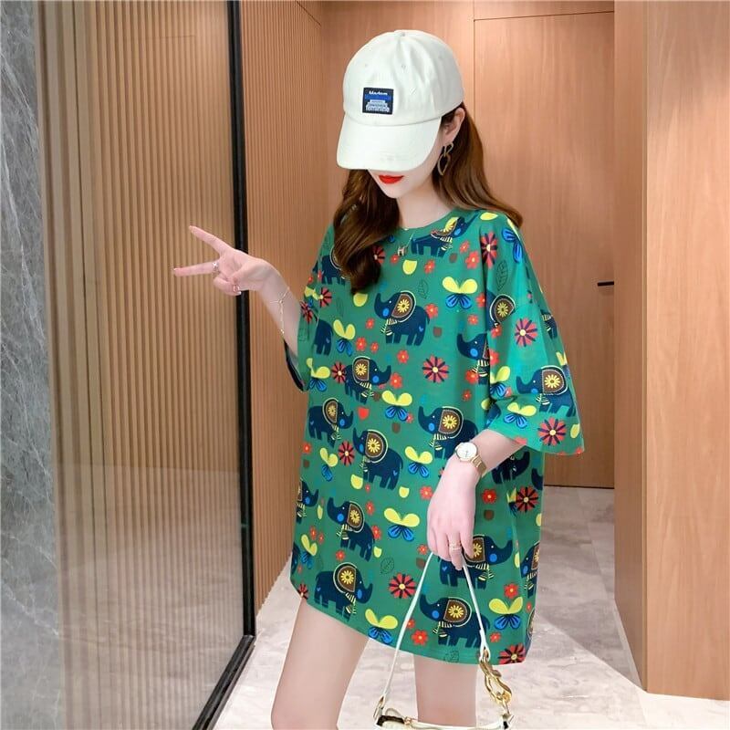 キラキラ大人気！西洋風漫画象プリント半袖Tシャツ<S-2932>