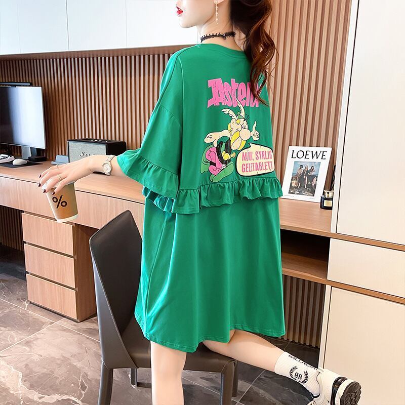 【半額！期間限定！！】合わせやすい 切り替え フリル プリント Tシャツ ゆったりワンピース＜S-3008＞