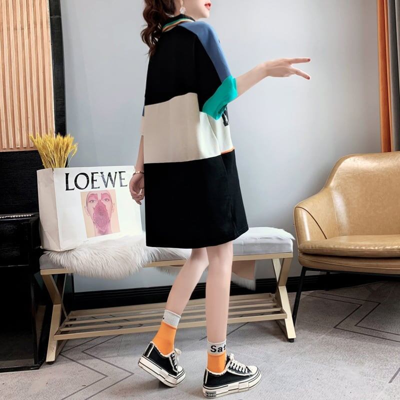 韓国系 切り替え POLOネック ファスナー ロング Tシャツ 二色 ゆったりワンピース ＜S-3015＞
