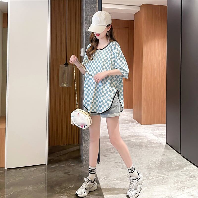 好感度満載 ラウンドネック 女性力を高める チェック柄 Tシャツ カットソー＜S-2985＞