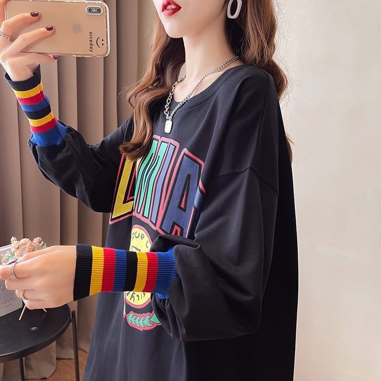 着せ グラフィックプリント 虹色 ロング長袖Tシャツ 三色トップス＜S-4107＞