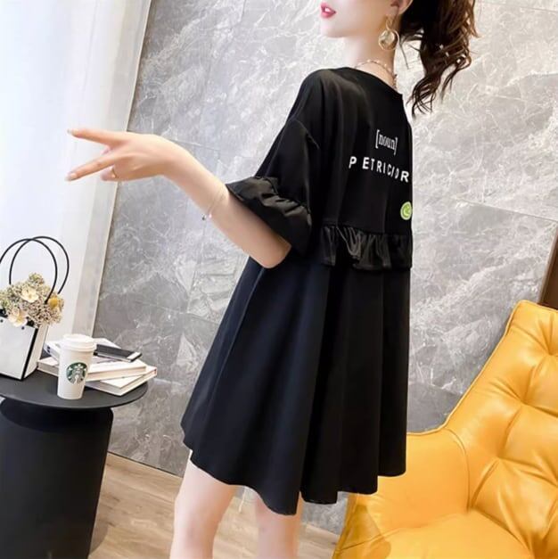 ミドル丈のイレギュラー半袖Tシャツワンピース<S-5007>