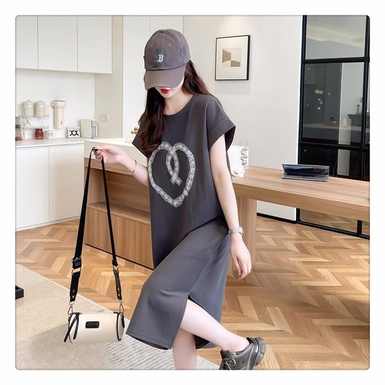 韓国系 ロング ハートマーク Tシャツ 半袖 ＜S-2837＞