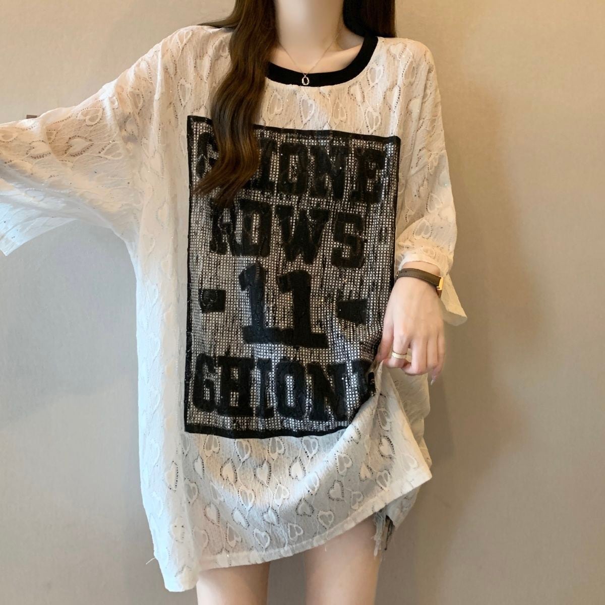 超人気 アバンギャルド 絶対流行 レース プリント全2色 半袖Tシャツ<S-8798>