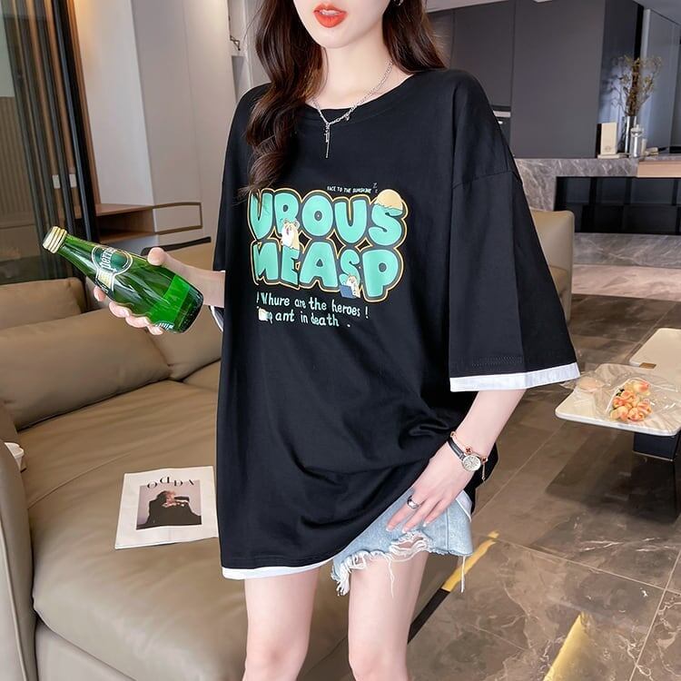 新作 プリントTシャツ ロング アルファベット オーバーサイズ＜S-2808＞