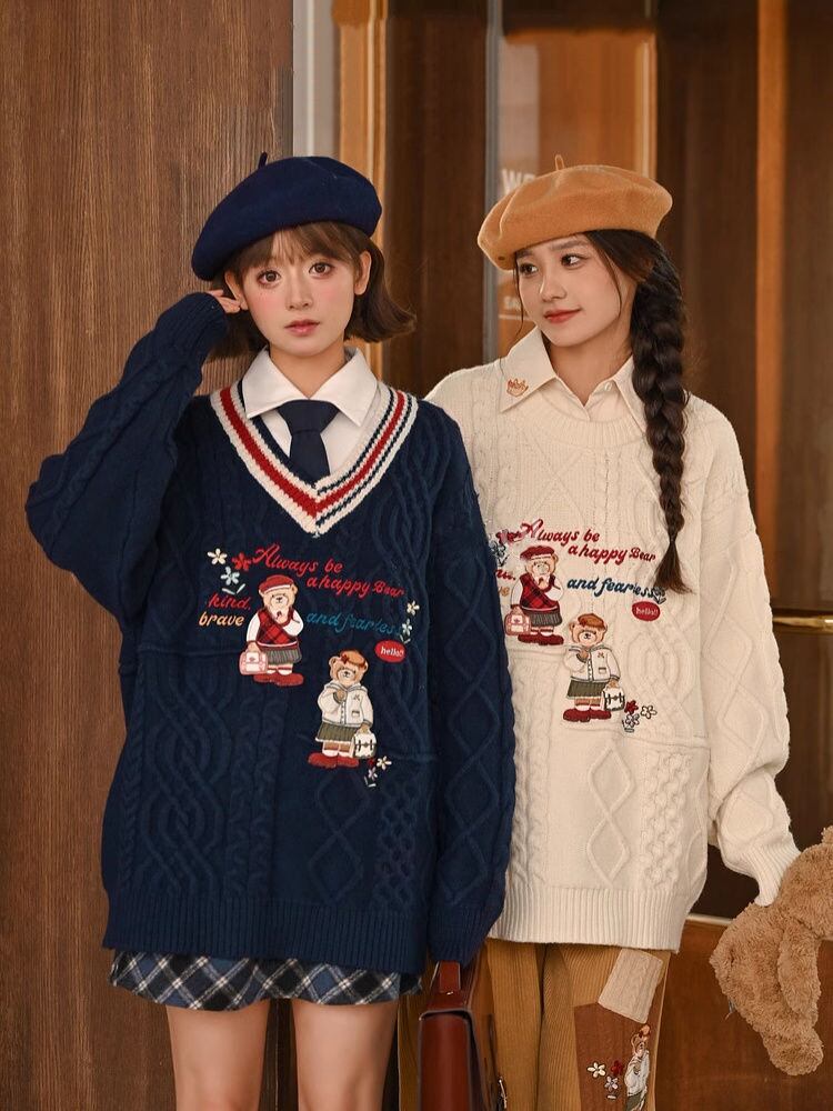 超人気 気質アップ 絶対欲しい Vネック 刺繍 切り替え2色選択 ニットトップス<S-9577>