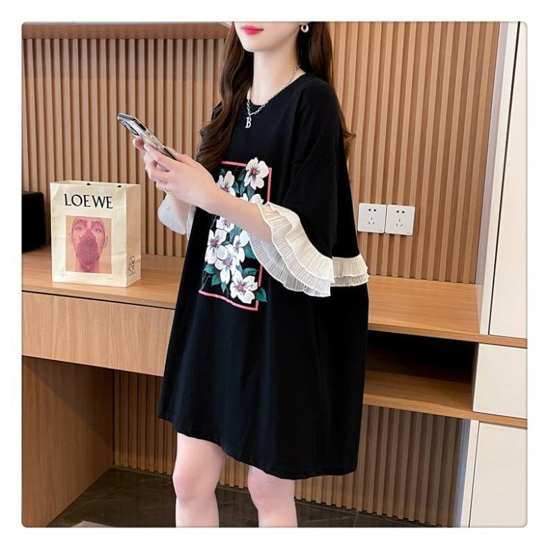 優しい雰囲気 プリント フリル切り替え ロングTシャツ ゆったり半袖＜S-2891＞