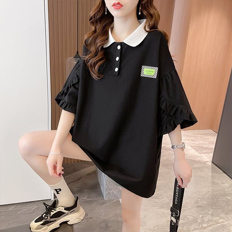 おすすめ POLOネック シンプル フリル ロング Tシャツ 三色 ゆったり半袖 ＜S-3055＞