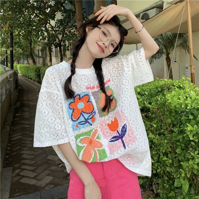 新作 プリント 透かし彫り ゆったり 半袖 Ｔシャツ <S-8089>
