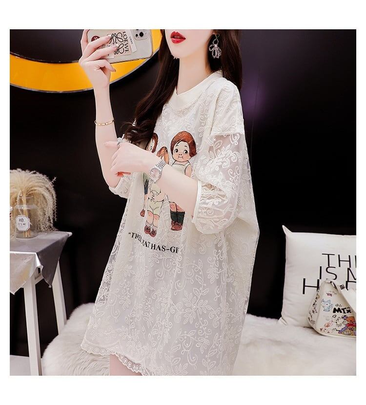 優しい雰囲気 透かし彫り レース ロング Tシャツ ベージュ 半袖 ＜S-2848＞