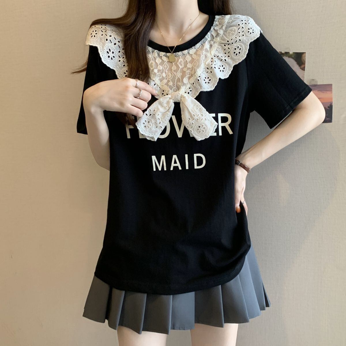 超人気 レース スウィート 切り替え プリント 3色選択 半袖Tシャツ＜S-8825＞