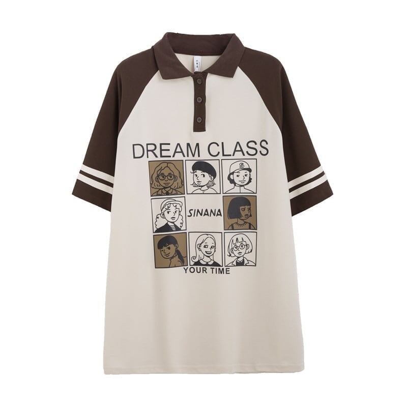 早い者勝ち グラフィック POLOネック プリント ロング ラグランTシャツ ゆったりワンピース＜S-4027＞