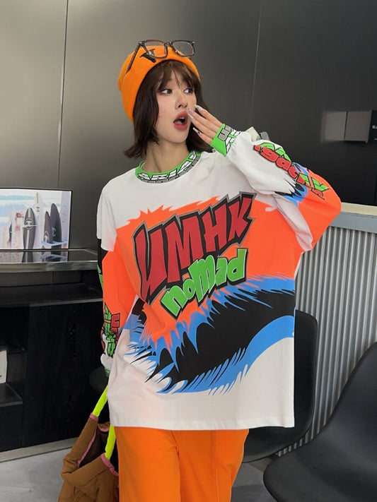 着回し力抜群 アバンギャルド 個性的なデザイン プリント全2色 Tシャツ<S-9225>