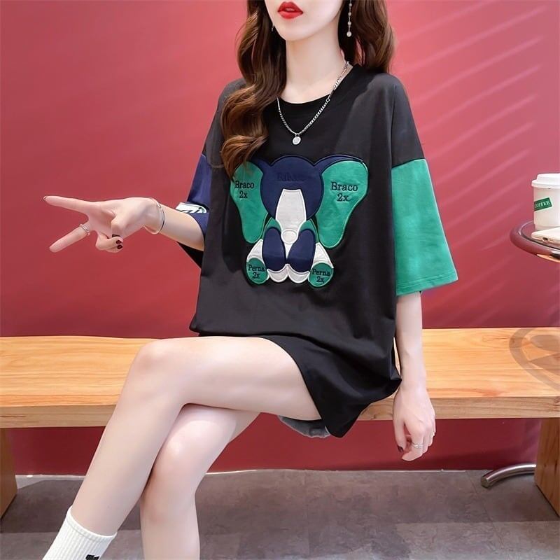 気質漫画カラーマッチング偽ツーピース半袖Tシャツ<S-2997>