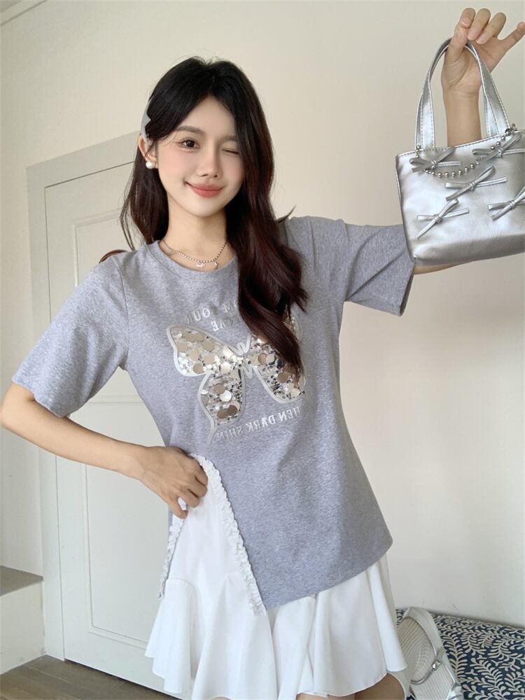 絶対欲しい キュート 超人気 ピンク プリント スパンコール 3色選択 半袖Tシャツ＜S-8570＞