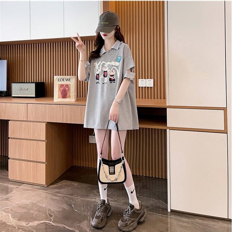 美人度アップ 折り襟 可愛いウサギちゃん プリントロング Tシャツ ゆったり半袖 ＜S-2956＞