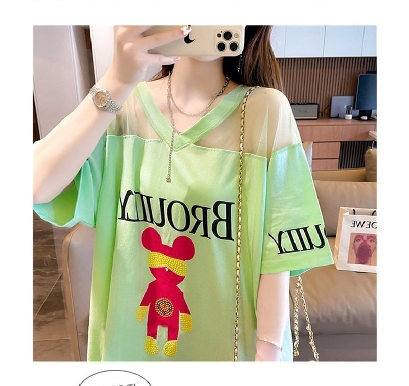 売り切れ必至 Vネック セクシー 切り替え チュール プリントTシャツ ゆったりワンピース ＜S-3050＞