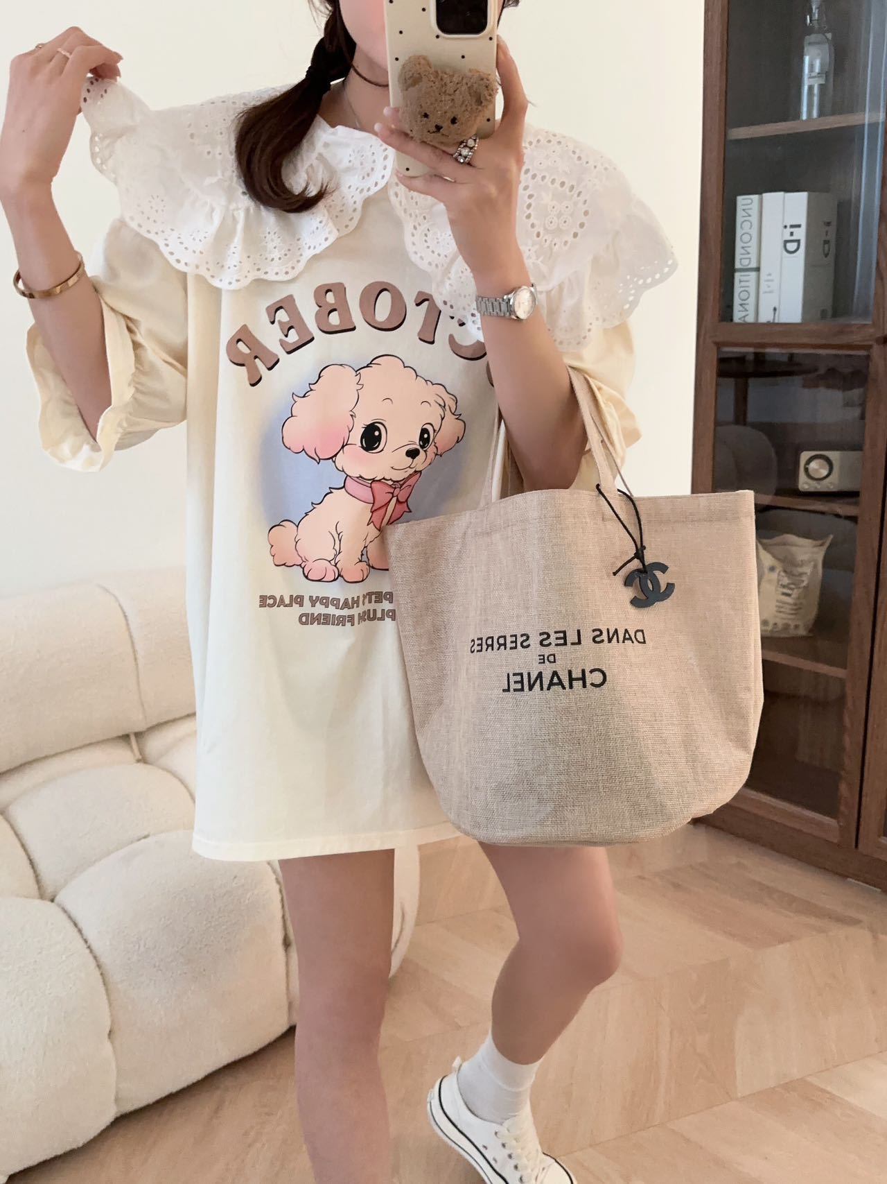 スウィート ワンちゃんロゴ 韓国系 ゆったりTシャツ半袖<S-4882>