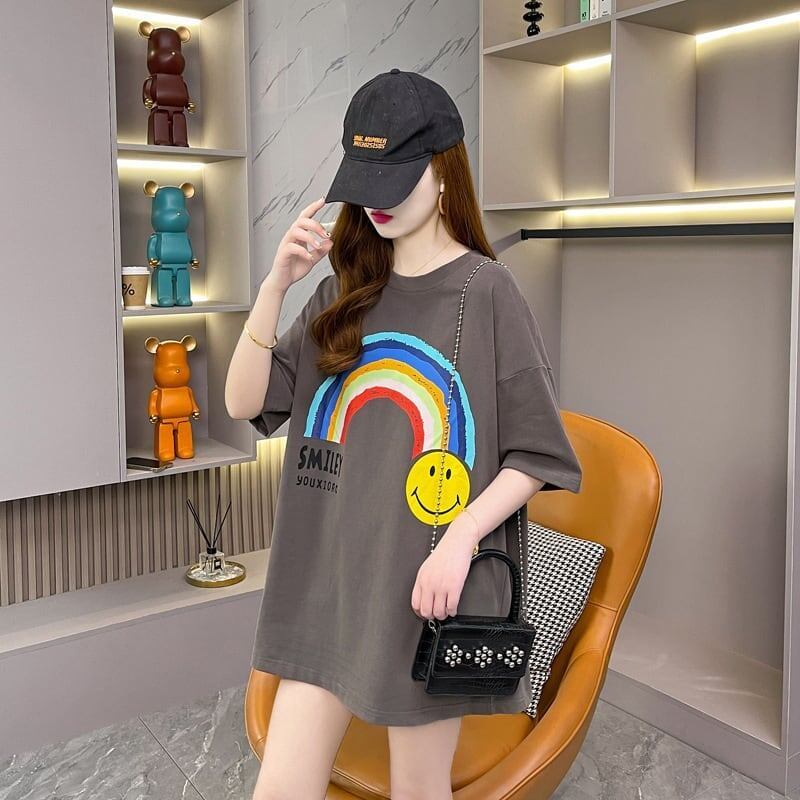 レインボースマイリーファッションオールマッチルーズ半袖Tシャツ<S-2860>