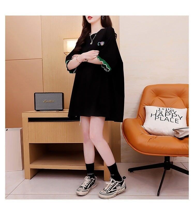 アルファベット プリント ドロップショルダー ロングTシャツ ゆったり＜S-2888＞