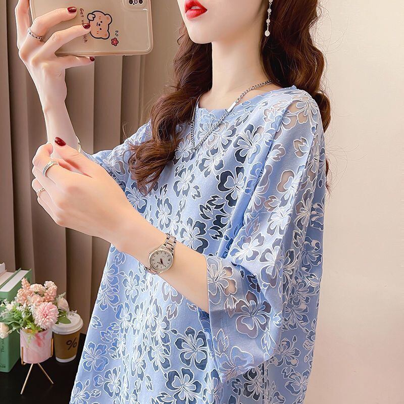 好感度UP ファッション カジュアル 透かし彫り 半袖Tシャツ<S-8458>