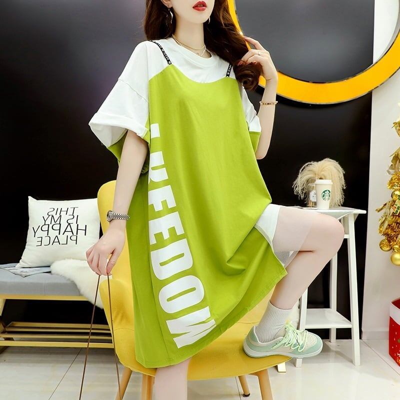 好感度UP レイヤード風 切り替え プリント Tシャツ ゆったりワンピース＜S-8105＞