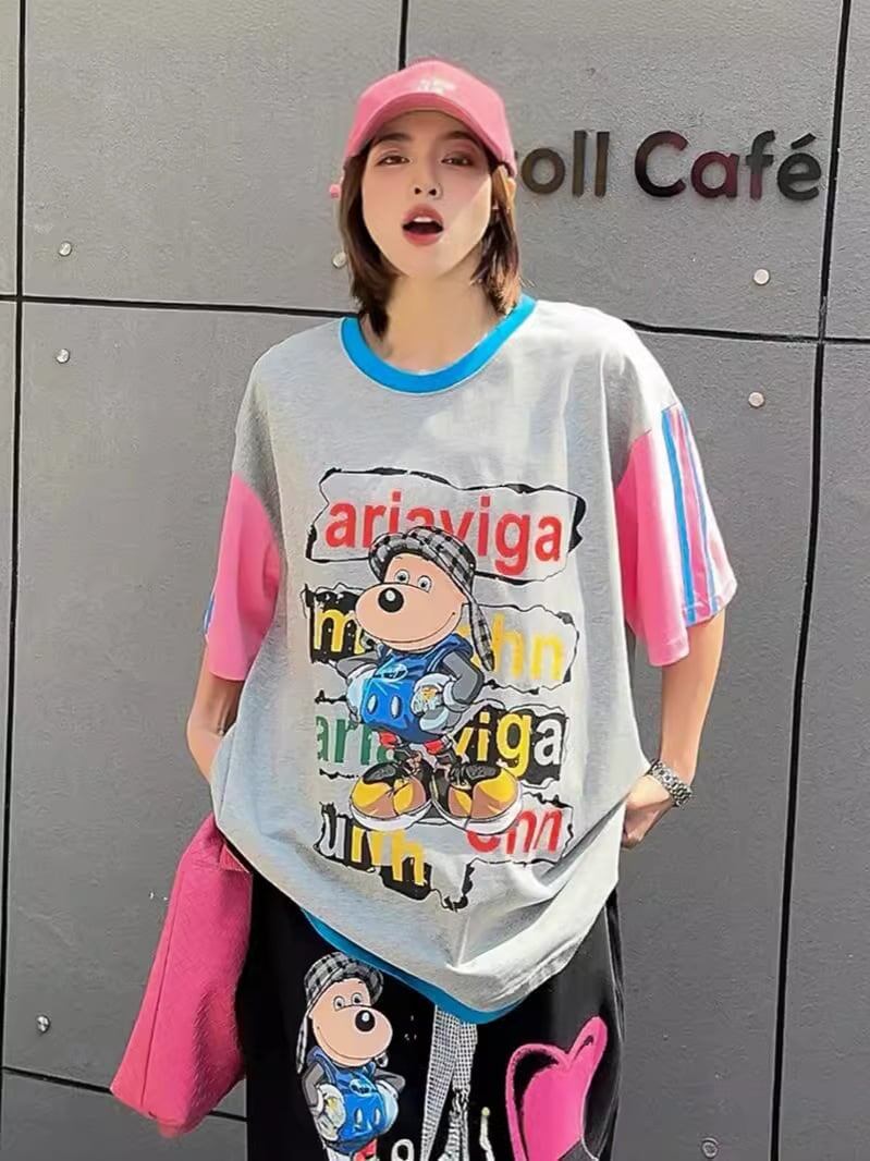 話題沸騰中 ゆったり カジュアル プリント カラーマッチング 半袖Tシャツ＜S-8067＞