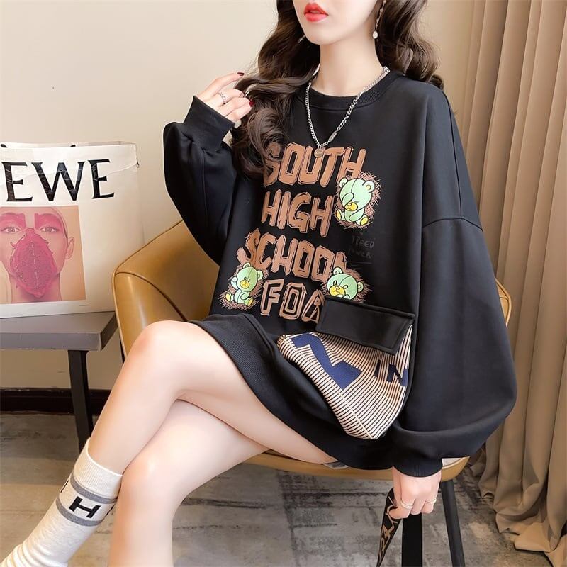 デザインされたビッグポケット漫画長袖Tシャツ<S-5118>