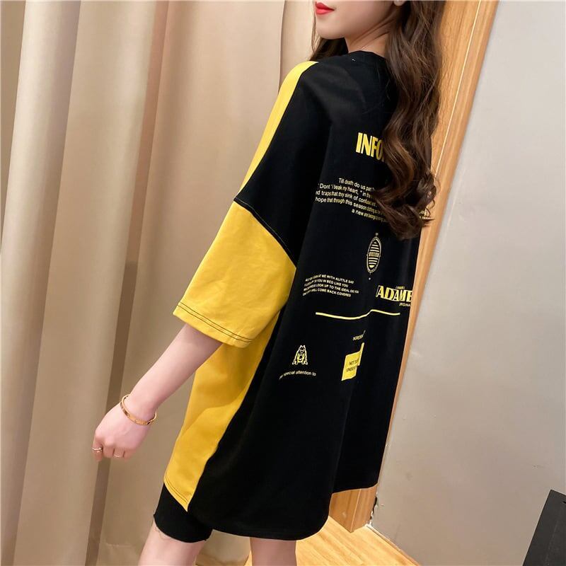 韓国系配色切り替えロングゆったり三色半袖Tシャツ＜S-1625＞