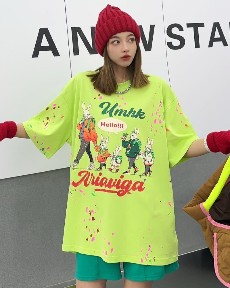 早い者勝ち キュート ファッション ルーズ 落書き風 プリント半袖Tシャツ 全3色<S-4913>