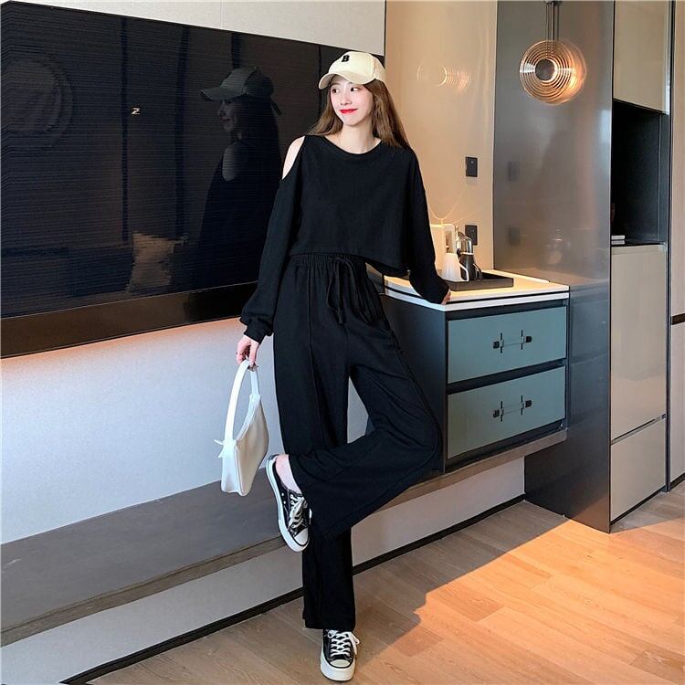 韓国風ファッション カジュアル ?感?佳 全2色 長袖Tシャツ＆ハイウエストワイドレッグパンツのセットアップ<S-9103>