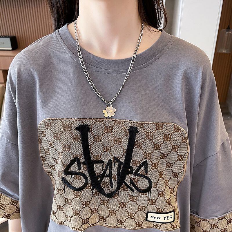 活躍する優秀アイテム 刺繍 個性的なデザイン 切り替え 2色選択 半袖 Tシャツ <S-9275>