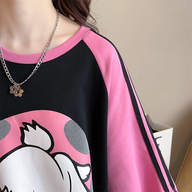 好感度UP グラフィック ストライプ柄 ラグランTシャツ ゆったり ワンピース＜S-3994＞