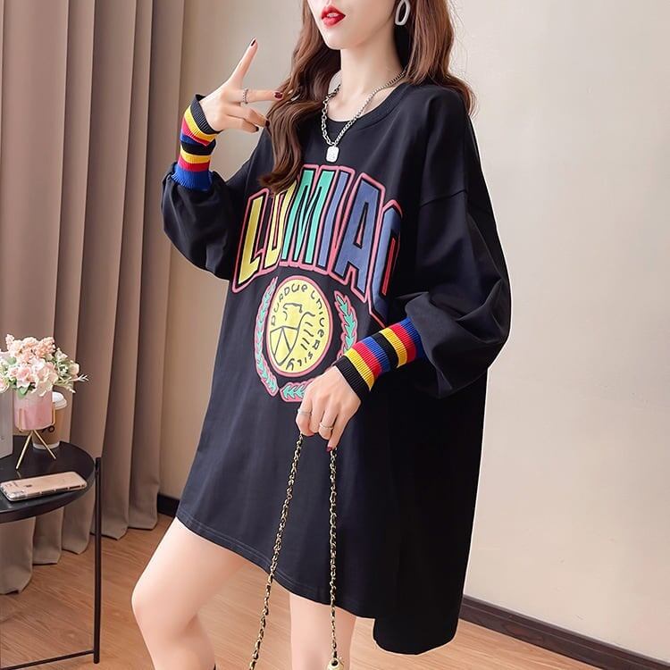 着?せ グラフィックプリント 虹色 ロング長袖Tシャツ 三色トップス＜S-4107＞