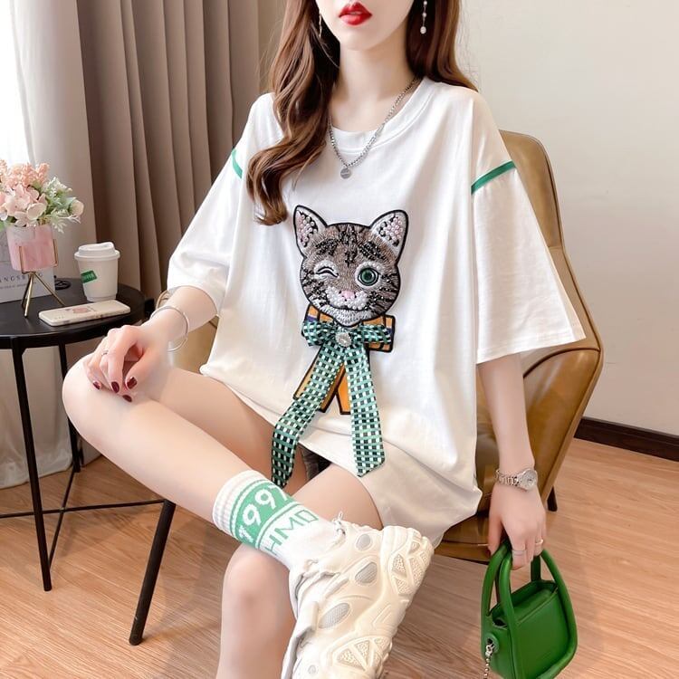 質感のいい 猫刺繍 立体のリボン ロング Tシャツ ゆったり半袖 ＜S-2919＞