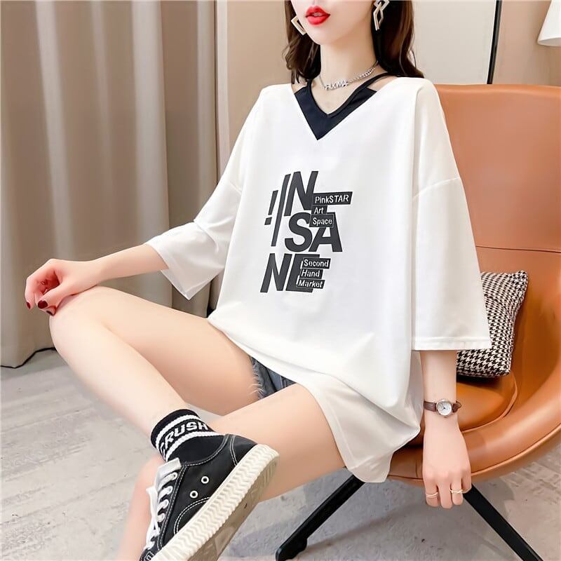売れ筋 アルファベット Vネック フェイクレイヤード ゆったり 着?せ 半袖 Tシャツ ＜S-2005＞