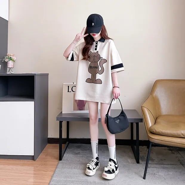 韓国系 猫柄 POLOネック ロング プリントTシャツ ゆったり半袖 ＜S-2894＞